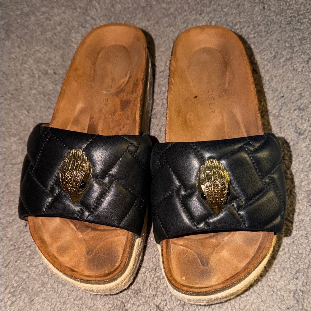Kurt Geiger Black Quilted Slide Sandals with Gold Hand Medallions